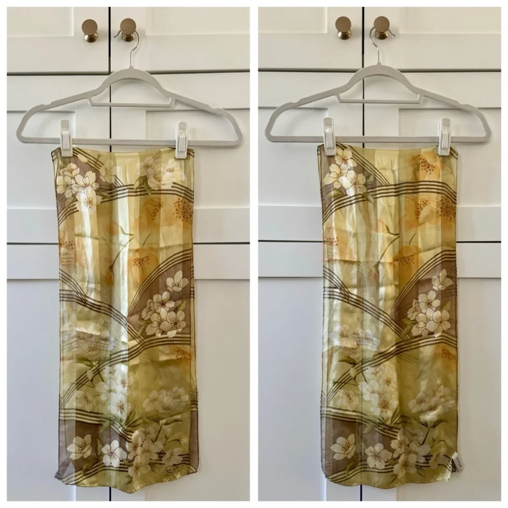 Oscar de la Renta Golden Cherry Blossom Silk Sateen Scarf, Rectangular (Oblong)